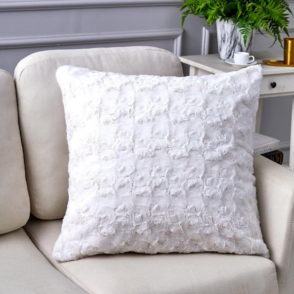 White Roses Faux Fur Pillow Cover