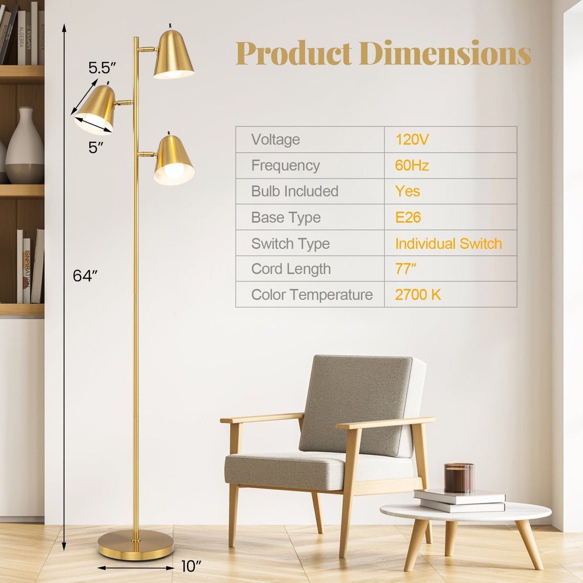 64" 3-Light Floor Lamp