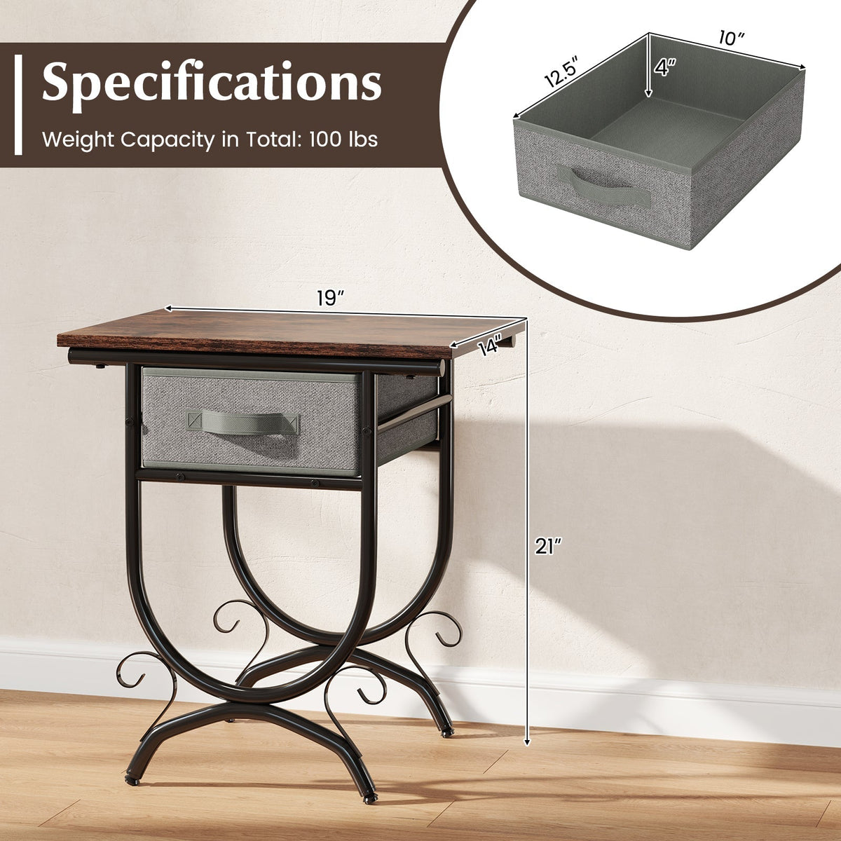 Side Table With Fabric Drawer